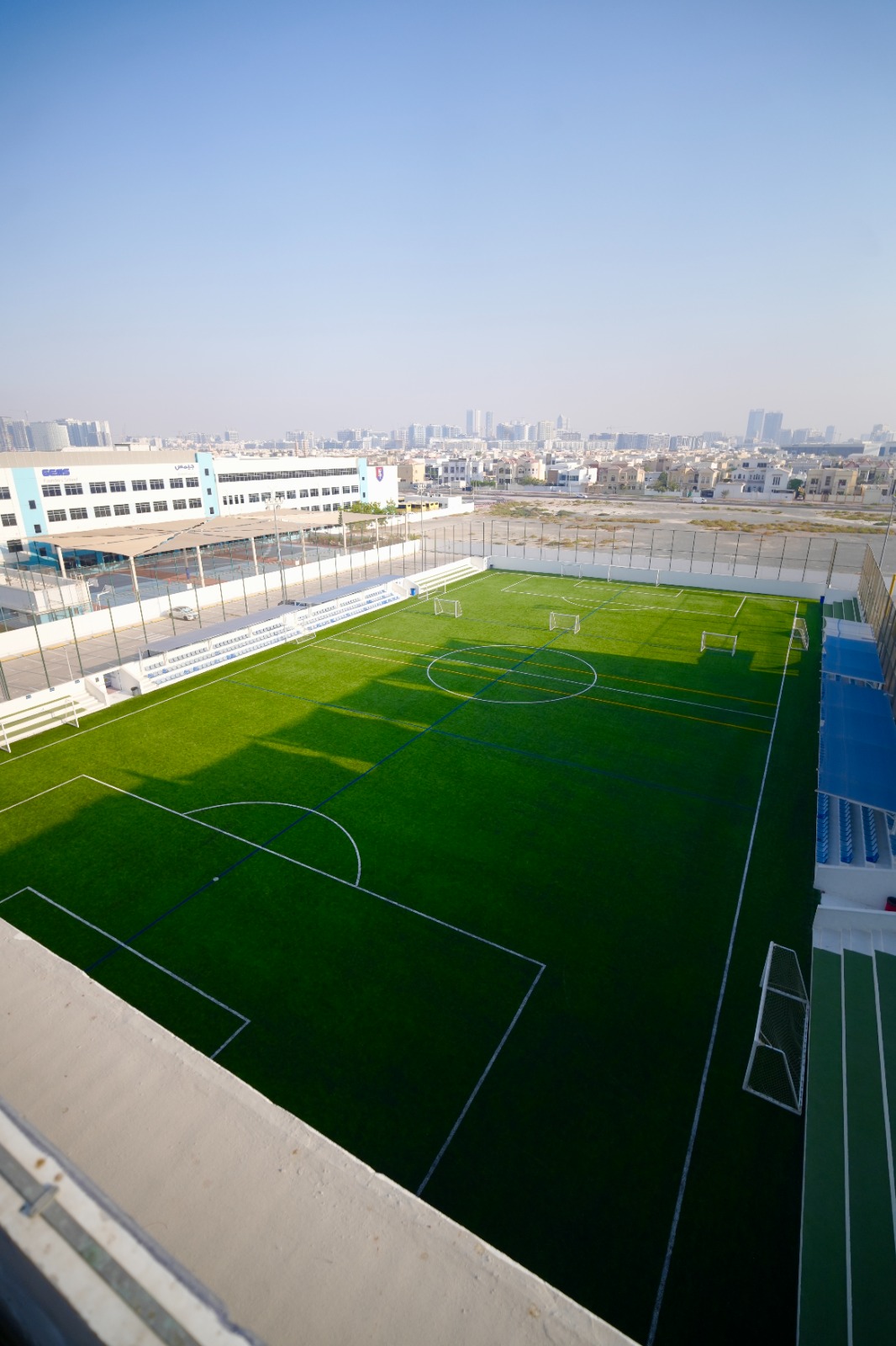 Elevated view of the new artificial grass sports pitch and football goals